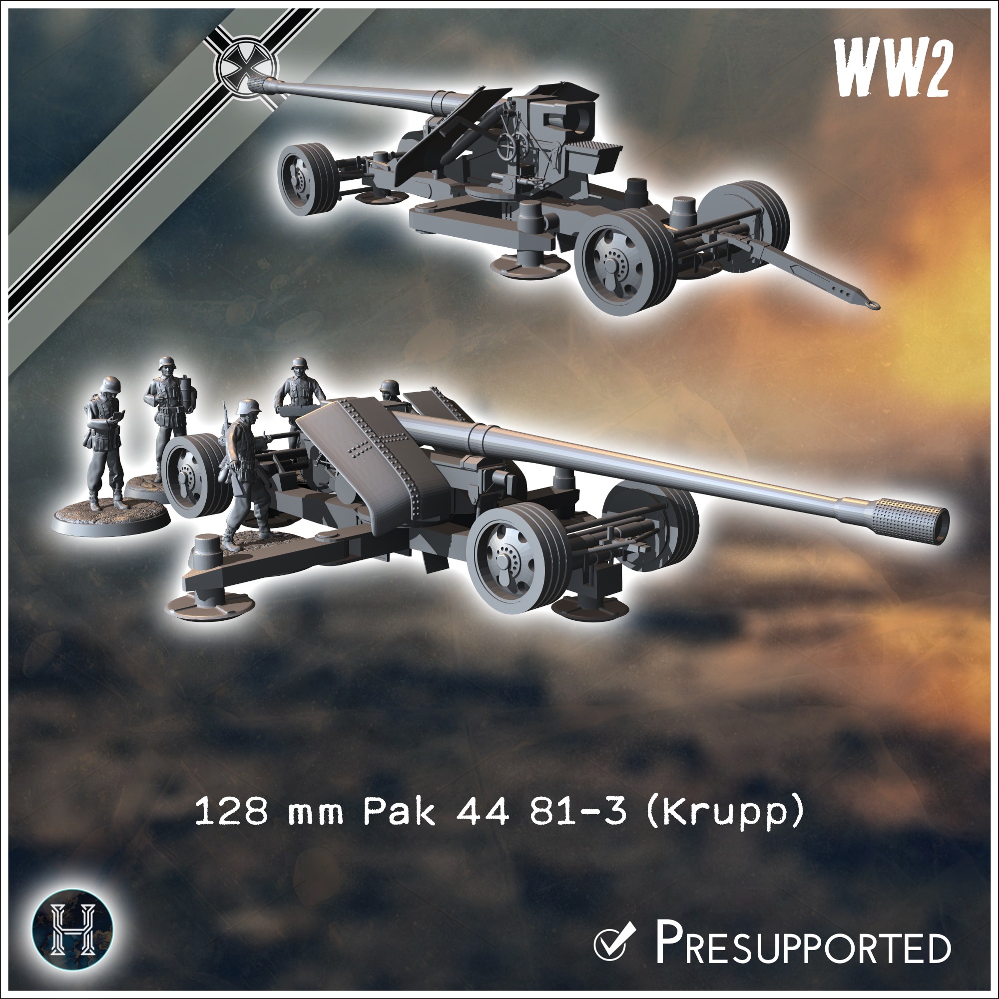 128 mm Pak 44 81/3 (Krupp) anti-tank gun (with 5 crews) - Germany Eastern Western Front Normandy Stalingrad Berlin Bulge WWII